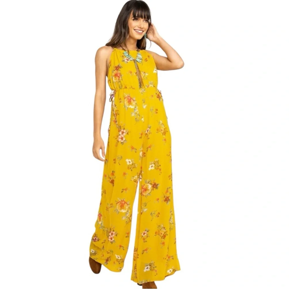 Free People Georgia Floral Golden Yellow Wide Leg Jumpsuit Size Large - Picture 7 of 16